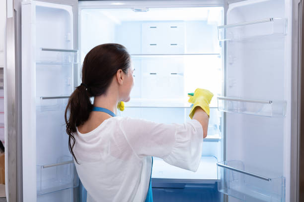 Rear View Of A Young Woman Wearing Gloves Cleaning Refrigerator With Sponge