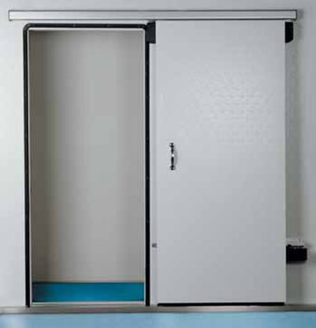The image shows a commercial sliding cold room door that is partially open, revealing the interior of a walk-in refrigerator or freezer with white walls and a blue floor strip.
