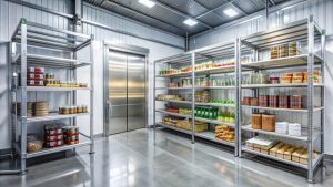 The image shows a large commercial walk-in refrigerator or cold storage room with stainless steel shelving units stocked with various food products and containers, featuring polished floors and industrial lighting.
