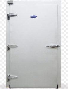 The image shows a white commercial refrigerator or freezer door with heavy-duty hinges and latches, displaying what appears to be a manufacturer's logo or brand name in blue.