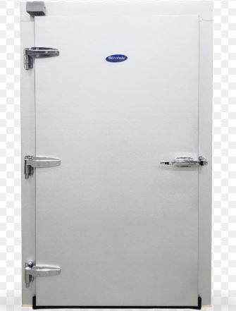 The image shows a white commercial refrigerator or freezer door with heavy-duty hinges and latches, displaying what appears to be a manufacturer's logo or brand name in blue.