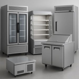 A collection of stainless steel commercial kitchen refrigeration equipment including glass-door refrigerators, open display cases, prep tables, and freezer units arranged on a gray floor.RetryClaude can make mistakes. Please double-check responses.