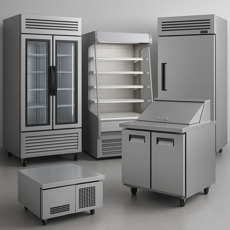 A collection of stainless steel commercial kitchen refrigeration equipment including glass-door refrigerators, open display cases, prep tables, and freezer units arranged on a gray floor.RetryClaude can make mistakes. Please double-check responses.