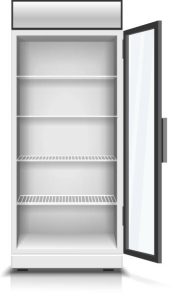 Modern vertical refrigerator with open transparent front panel. Vector realistic isolated 3D Illustration