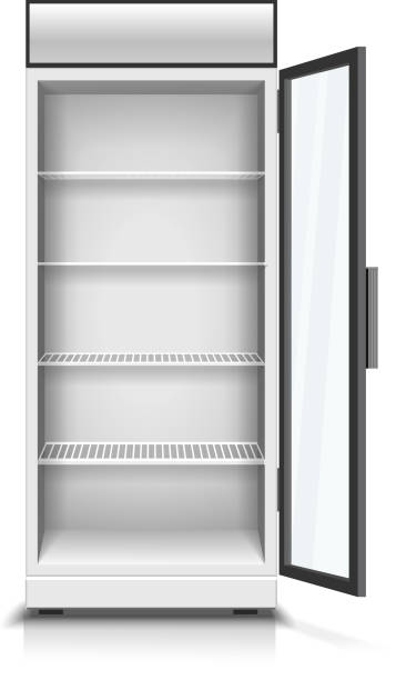 Modern vertical refrigerator with open transparent front panel. Vector realistic isolated 3D Illustration