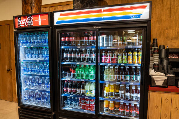 Cooler full of pop, soda, and bottled water at the Many Glacier Hotel in Glacier National Park